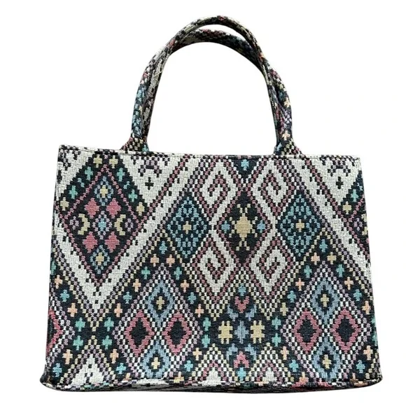 Boho Tapestry‎ Tote Bag Geometric Diamond Woven Handbag Multicolor Southwestern