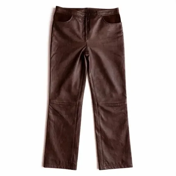 DKNY Chocolate Leather Straight-Leg Pants with Suede Trim — 90s Minimal Luxe EUC