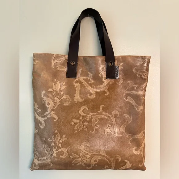FALOR Tan/ Brown Patterned‎ Leather Tote Bag Made in Italy
