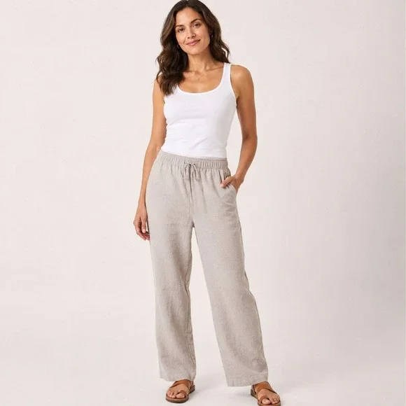 Havana Nines Womens M Taupe Linen Rayon Pull On Casual Beach Pants