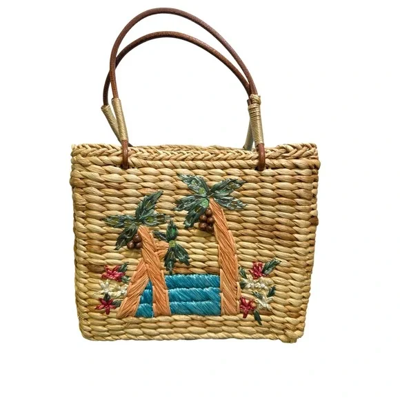 Tropical Palm Tree Embroidered Woven Straw Tote Bag Blue Lining Small Basket