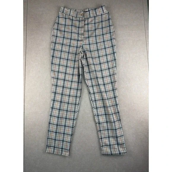 Nasty Gal Pants Womens US Size 6‎ Beige Plaid High Rise UK Made