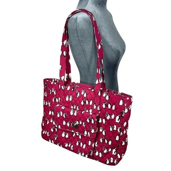 Vera Bradley Quilted Playful Penguins Turnlock Tote Bag Crimson Red Retired