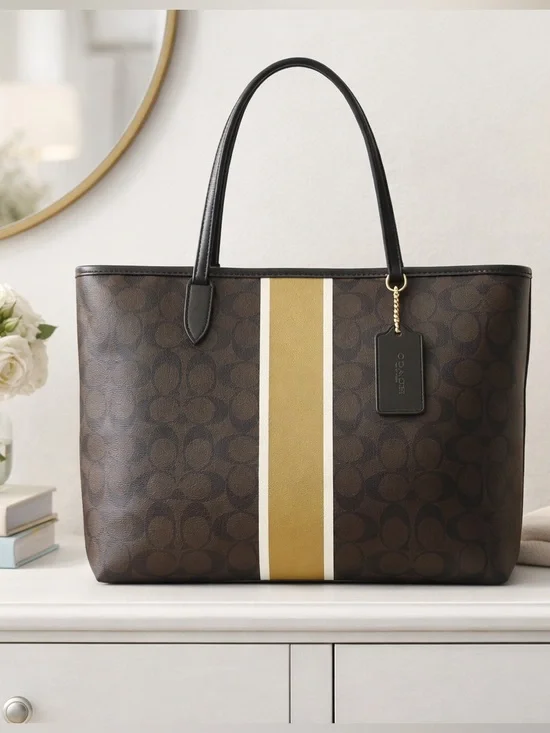 COACH Signature Mahogany Brown Stripe Zipper Tote Rare