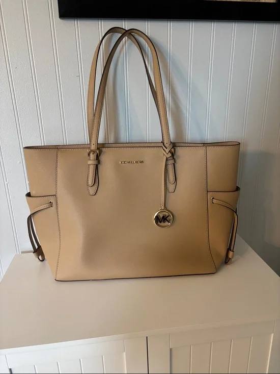 Michael Kors Gilly Camel Leather Tote with Gold MK Charm