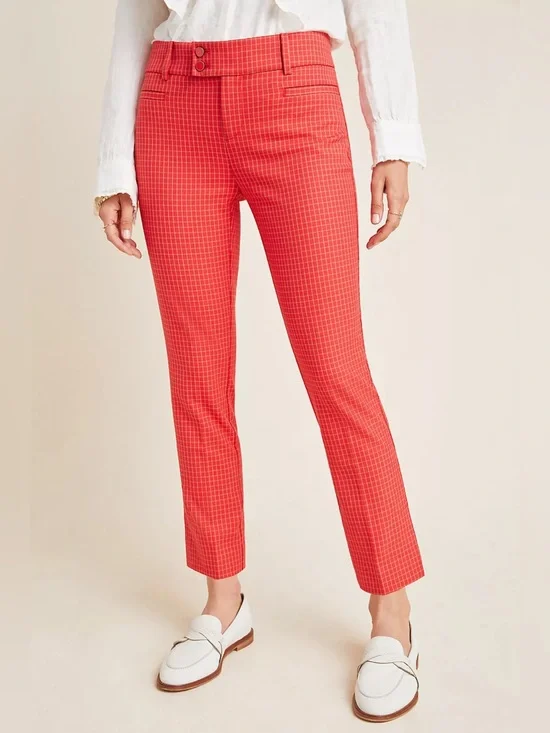 Anthropologie The Essential Slim Pants Size 6 Red Gingham Plaid Grid Pattern