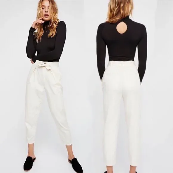 Free People Size 2 High-Waisted ‘90s Peg Pants Ivory Tie Waist Tapered Leg