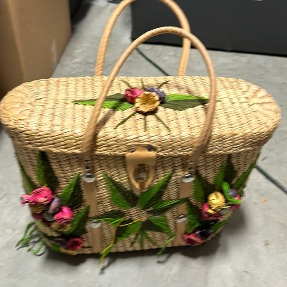 Vtg Handmade 3D‎ Straw Large Tote Woven Bag / Box LL