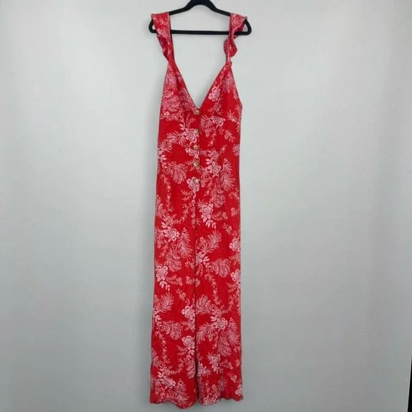 Free People Wide Leg Jumpsuit Red Floral Tropical Medium 8 Colorful Beachy Boho
