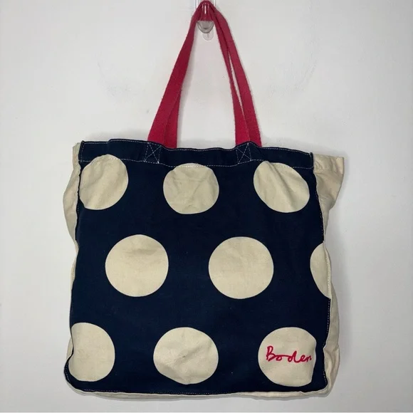 Boden Cotton Canvas Tote Shoulder Bag Blue and Cream Circles Red Handles