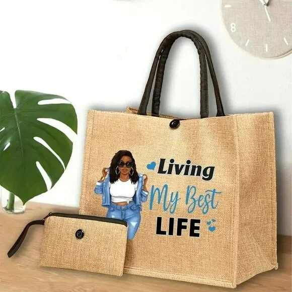 Living My Best Life Tote Bag with Inner Pocket & Zipper Clutch (SKU 0308)