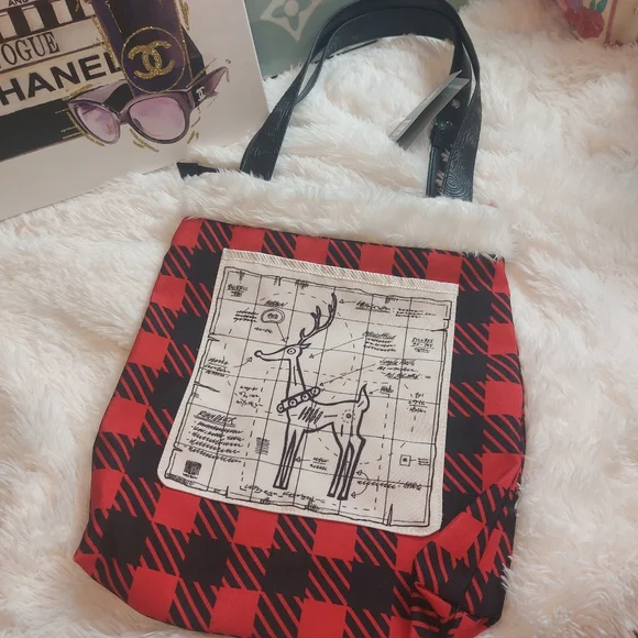 Disney NBC Jack Frightfully Festive Red and Black Checkered Tote Reindeer Bag