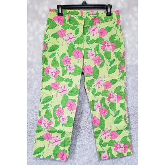 Vintage Lilly Pulitzer Size 8 Mandevilla Capri Pants Green Pink Floral Print