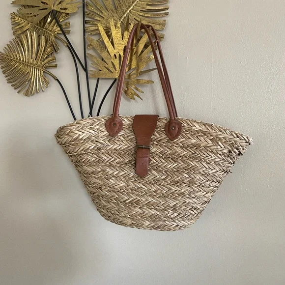 Elegant Tan Woven Tote with Brown Accents