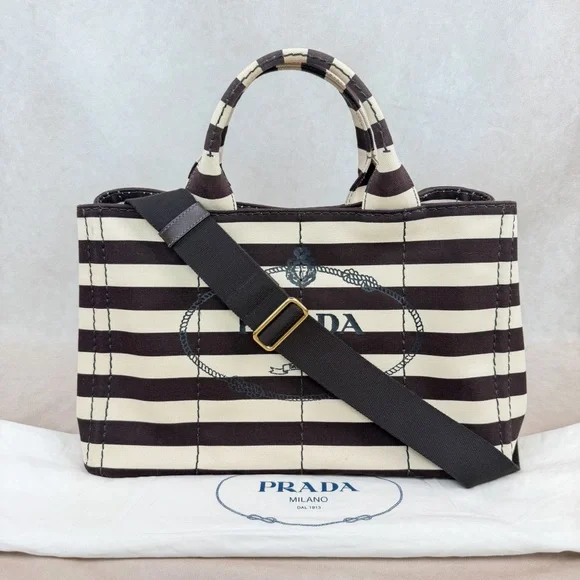 Prada Canapa Tote Chocolate Brown & Ivory Stripes w Strap + Dust Bags