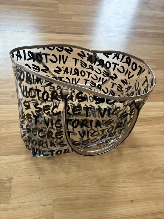 Victoria's Secret Clear Tote with Black Logo and Beige Trim