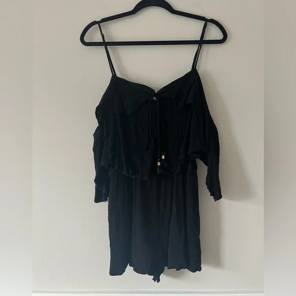 L*Space Off-Shoulder Black Romper Size L Tassel Tie Flowy Rayon