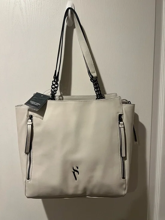 Vera Wang Cream Tote with Chain-Accent Straps