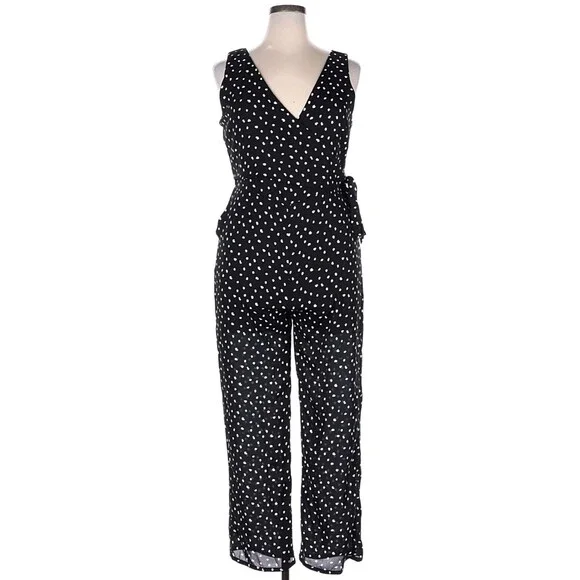 Lulus Black Polka Dot Jumpsuit XL Wrap Sleeveless Tie Pockets Tapered Leg NWT