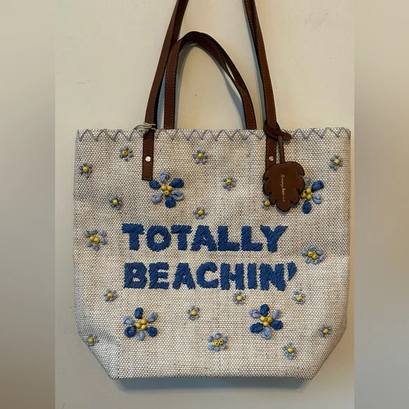 TOMMY BAHAMA Straw Raffia‎ Large Totally Beachin Beach Tote Bag Hand Embroidered