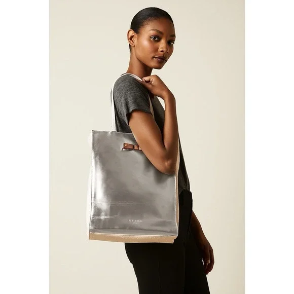 Ted Baker London Metallic Silver Tote Bag with Rose Women's Large Shopper Tote‎