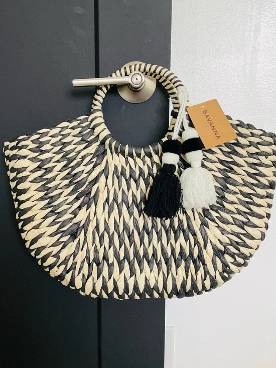 Savannah Black and Natural Woven Straw Circle-Handle Tote with Tassels