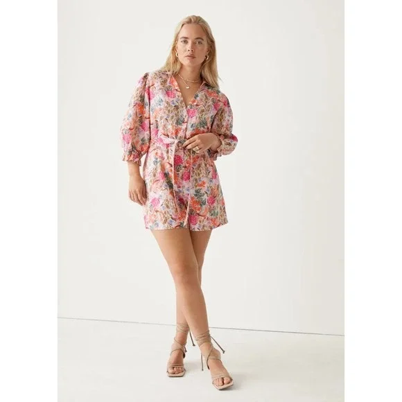 & Other Stories Pink Floral Linen Puff Sleeve Belted Romper Size 6 Casual Travel