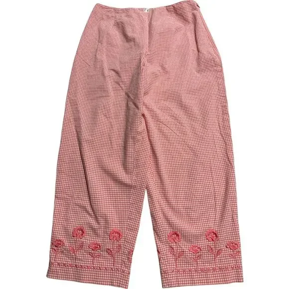 VTG Talbots Stretch Crop Pants Plaid Embroidered Flowers Womens 8P Coral White
