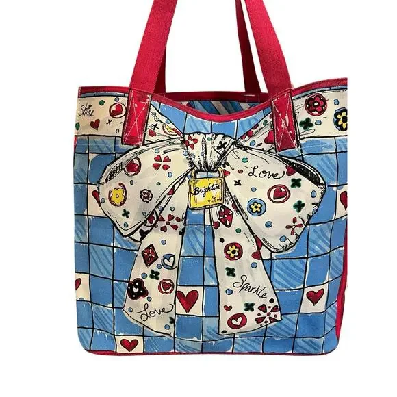 Brighton Love Sparkle Bow Canvas Tote Bag NWT Cat Dog Illustrated Blue Red