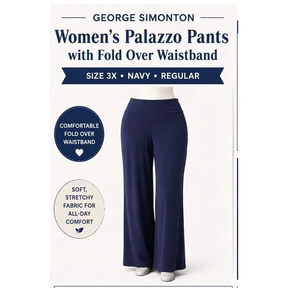 George‎ Simonton Womens Navy Blue Palazzo Pants Fold Over Waist 3X Regular