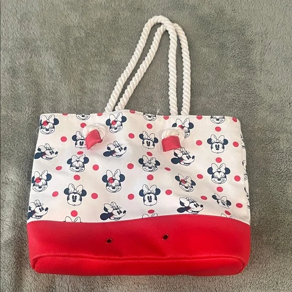 Disney Minnie Mouse White and Red Canvas Tote with Navy Character Motif