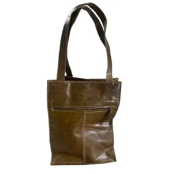 Crab Compass Vintage Barganza Lined Leather Tote Bag Pockets Brown 13
