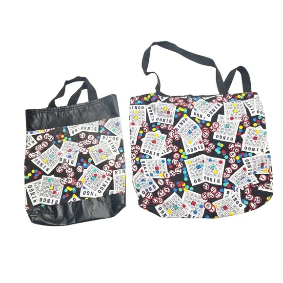 Bingo Card Print Tote Bag Set of 2 Black Novelty Gaming Shoulder Bags Retro