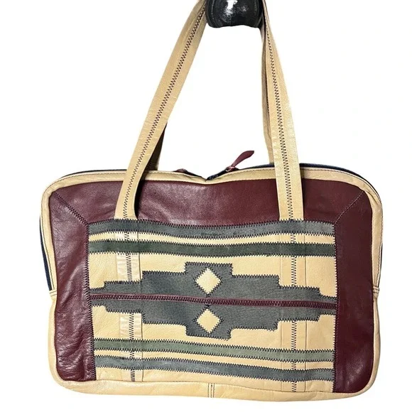 Vtg Patchwork Leather Carnit Israel Briefcase Bag Tote Kilim Southwest inspired
