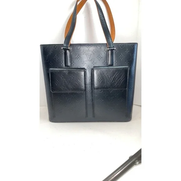 Auth LOUIS VUITTON EmbossedMatt Black LeatherStockton 2 Flap Front Pocket LgTote