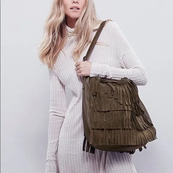 Free People Ashbury Fringe Vegan Leather Olive Green Tote.