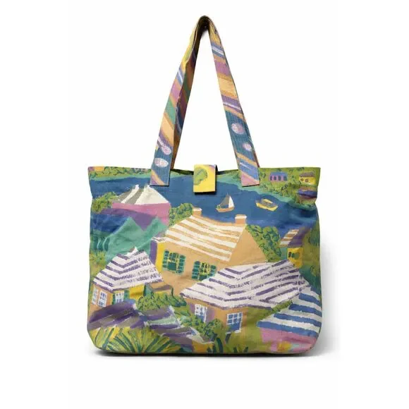 Silkscapes Coastal Village Art Tote Bag | Cottagecore Beach Hand Painted Fabric