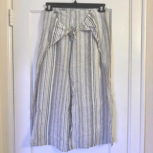 4Our Dreamers Striped Wrap Front Tie Wide Leg Cropped Pants Beige Grey Small