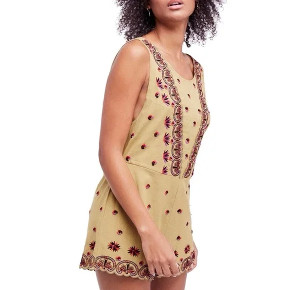 Free People Counting Stars Romper Embroidered Sleeveless Boho Sz 12 yellow