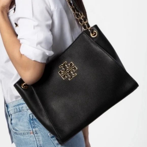 Like New Tory Burch Black Britten Slouchy Leather Triple Compartments Tote Bag