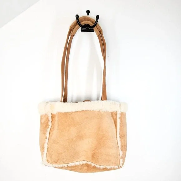 Aston New York Genuine Shearling Sheepskin Fur‎ Trim Tote Bag Camel Tan