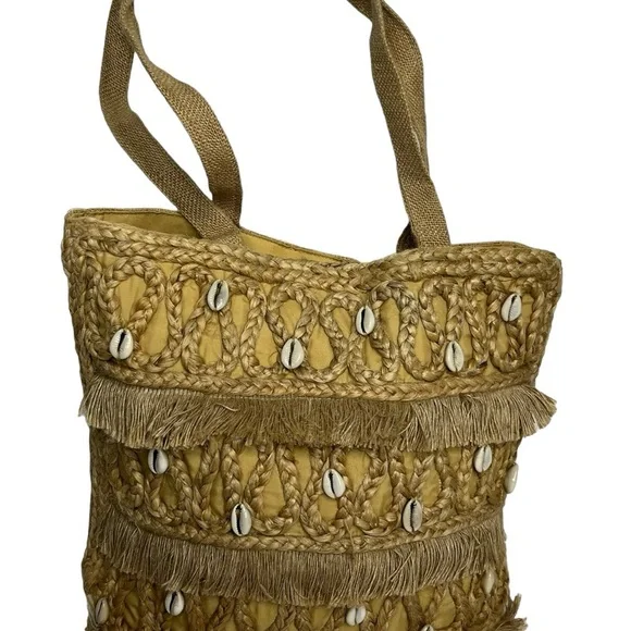 Salt + Umber Isla Jute Seashell Beach Straw Tote Bag With Fringe‎
