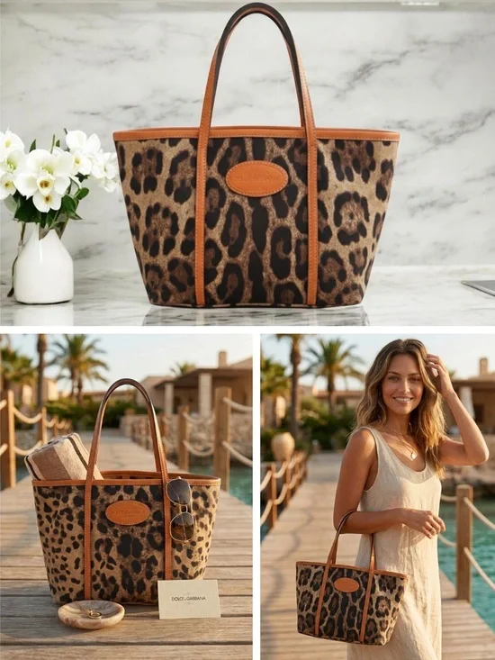 Dolce & Gabbana Leopard Print Canvas Leather‎ Trim Tote Italy