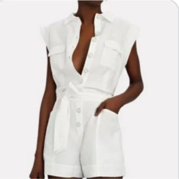 Intermix Juliet Tie Waist Romper Jumpsuit 4 White Linen Button Beach Boho Fairy