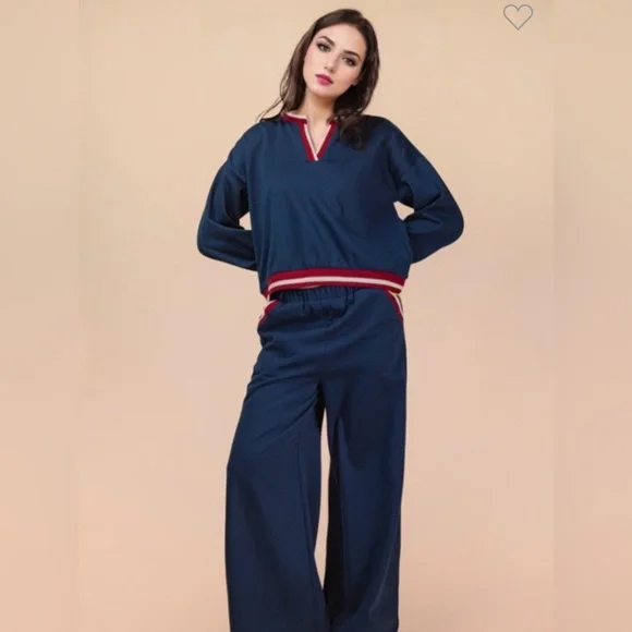 Nwt Color Block Band Detail Comfy Knit Top & Pant Set