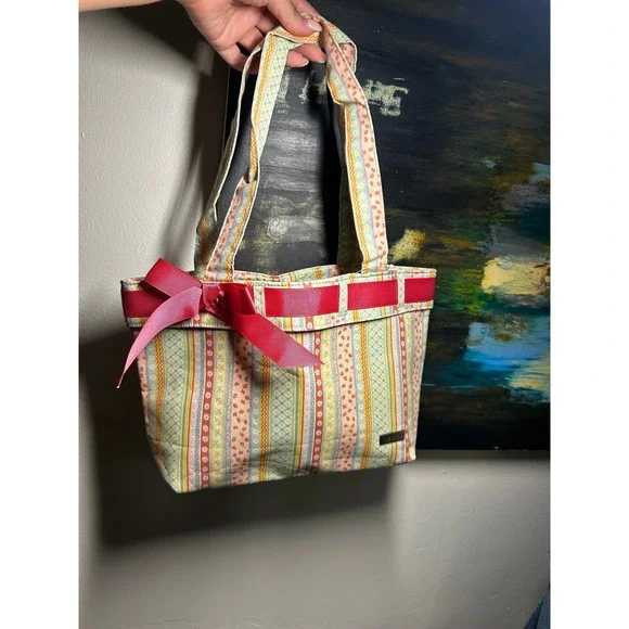 New Longaberger Floral Stripe Fabric Tote Bag Pink Ribbon Bow Accent Multi-Color
