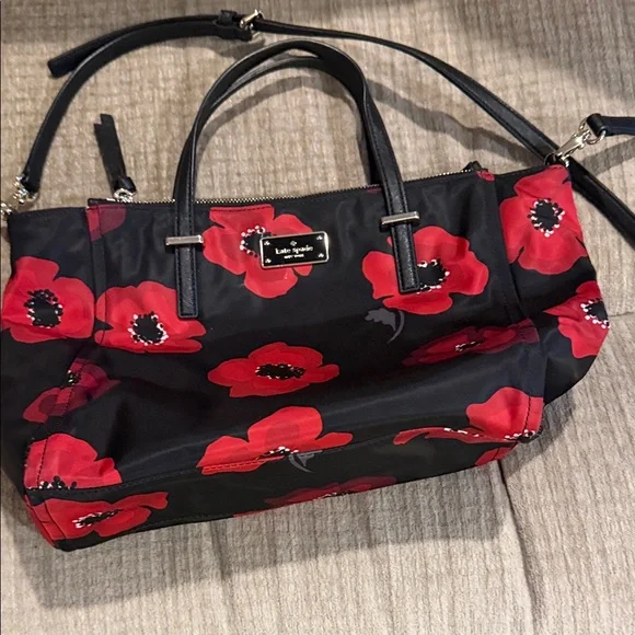 Kate Spade Black and Red Wilson Floral Alyse nylon satchel, and Red poppy print