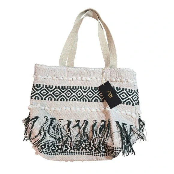 Raj XL Women Woven Cotton Boho Tote Bag Green White Geometric Fringe Pom Pom NEW