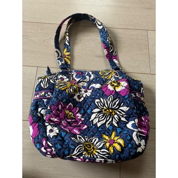 Vera Bradley African Violet Quilted Floral Leopard Print Tote Shoulder‎ Bag Blue