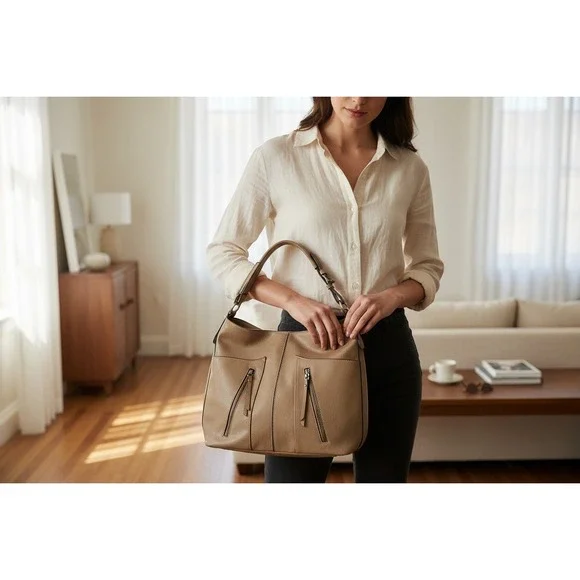 Le Miel Vegan Leather Purse Tote Shoulder Bag Women's Beige Multiple Pockets